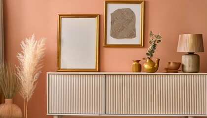 modern living room interior design with white sideboard trendy home accessories and two empty gold frames on the peach wall