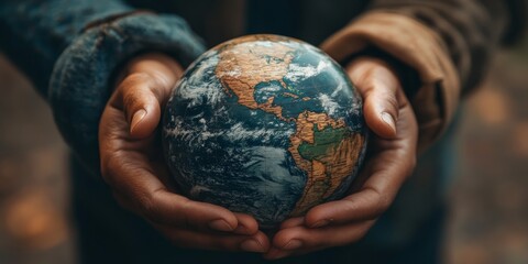 Wall Mural - Diverse hands holding a globe, representing global unity and environmental responsibility.
