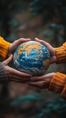 Wall Mural - Diverse hands holding a globe, representing global unity and environmental responsibility.