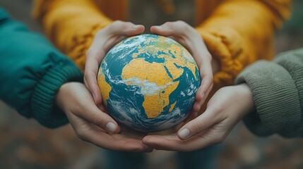 Wall Mural - Diverse hands holding a globe, representing global unity and environmental responsibility.