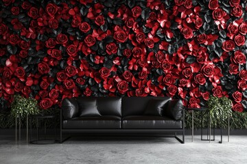 Wall Mural - The painting was done in jet black and bright red as an abstract bas-relief flower.