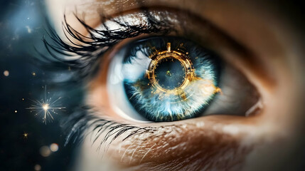Wall Mural - futuristic eye with digital interface reflection, iris, pupil, eyelashes, close-up, macro