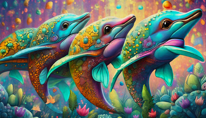 Poster - oil painting style cartoon character illustration multicolored dolphin heads