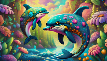 Poster - oil painting style cartoon character illustration multicolored dolphin heads