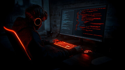 Hacker Coding in the Dark, computer, programming, code, screen, monitor