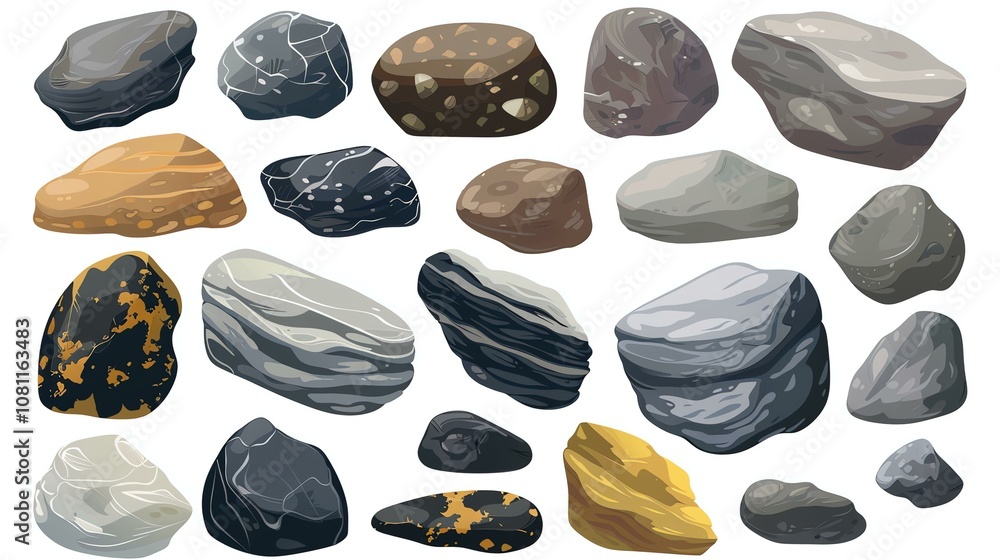 A set of vector illustrations of various rocks and stones. The rocks ...