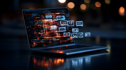 digital data flowing from laptop screen, computer, technology, code, programming, software