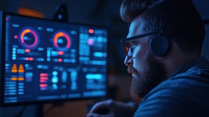 young man wearing headphones analyzes intricate data on a glowing computer screen, immersed in a qui