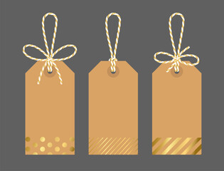 Wall Mural - Blank Christmas New Year tag with bow and ribbons. Dots striped craft paper background, gift tied up with cotton gold rope bakers twine. Packing string for decoration, present. Isolated vector EPS10