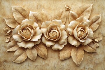featured in this image is a white rose with a leafy stem on a stucco relief