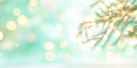 Canvas Print - Pine branches with soft white Christmas lights in the foreground, glowing against a pastel green bokeh background.