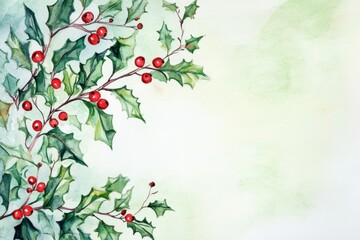 Wall Mural - watercolor winter scene, cute watercolor holly leaves and berries on the left side of the page, pale