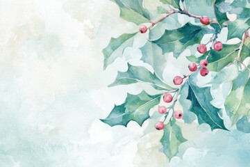 Wall Mural - a cute christmas-themed watercolor background with holly leaves and berries, in soft pastel colors o