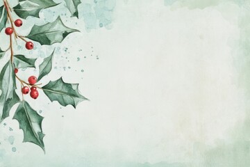 Wall Mural - watercolor winter scene, holly leaves and berries on the left side of the page, pale green backgroun