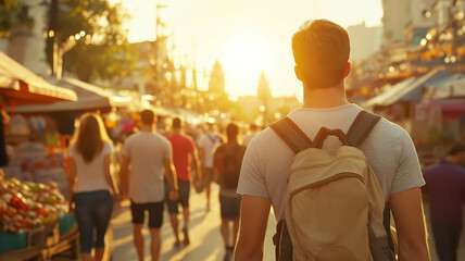 Young man with backpack walking in crowded street market during golden hour, exploring a new city during summer vacation