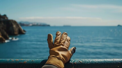 A hand wearing a brown leather glove rests on a railing, overlooking a vast ocean. The water is a deep blue color, and the sky is clear and blue.