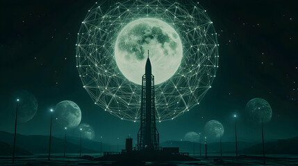 Wall Mural - rocket launch under networked moon, night, space, stars, planets, connection