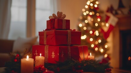 Poster - Red Christmas Presents with Candles and a Blurred Christmas Tree in the Background