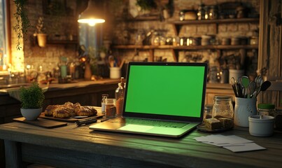 Wall Mural - laptop with green screen on a wooden table in a cozy kitchen environment along with various cards, o
