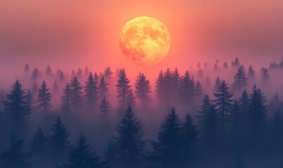 Wall Mural - Full moon rising over a dense forest with the treetops bathed in warm light during twilight, creating a serene and atmospheric nature scene