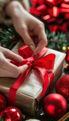 Wall Mural - Celebrating Christmas: Hands Tying Red Ribbon on a Holiday Gift Box for Festive Decorations