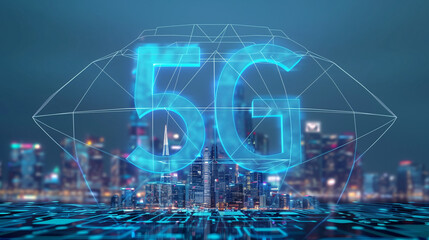 Concepto de red 5G sobre ciudad conectada con luces y conexiones