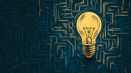 Background an intricate maze where the path leads to a lightbulb. Enigma. Illustration