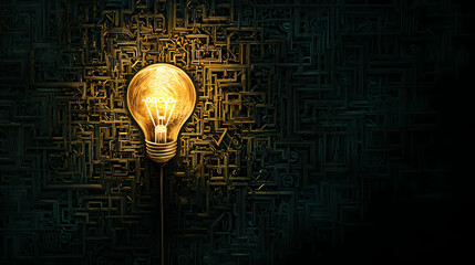 Background an intricate maze where the path leads to a lightbulb. Enigma. Illustration