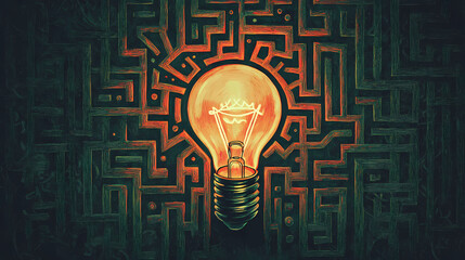 Background an intricate maze where the path leads to a lightbulb. Enigma. Illustration