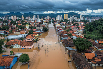 Drone perspective of flood-damaged brazilian city, extensive water coverage.