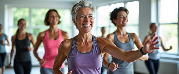 A cheerful senior woman leads a vibrant group fitness class. She inspires with energy and positivity, showcasing active living and healthy aging. Perfect representation of community and wellness.

