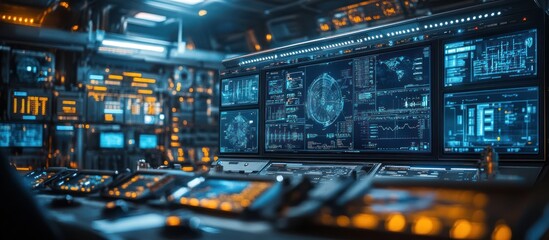 A futuristic control room with multiple computer screens displaying data and graphs.