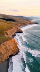 Poster - Majestic cliffs meet the ocean under a pastel sky at sunset, AI