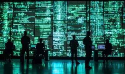 Silhouettes of People Working with Digital Data on Large Screens