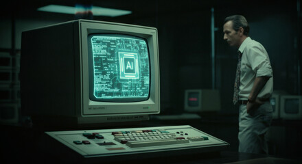 Retro computer interface with ai technology in dimly lit office setting