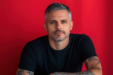 Wall Mural - A man with a beard and gray hair is wearing a black shirt