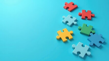 Fototapete - Colorful puzzle pieces scattered on a blue background represent the multifaceted nature of autism and the search for understanding. Concept of autism rights movement. World Autism Awareness Day