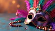© Helga P-A. - A richly decorated Mardi Gras mask with colorful feathers and jeweled accents rests on a dark teal surface next to a strand of pearls, creating a luxurious and festive scene. Concept of Mardi Gras