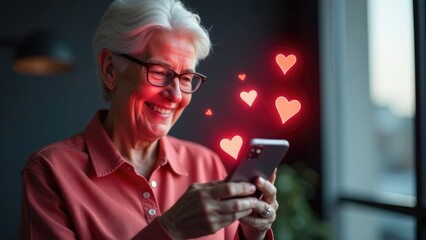 A smiling senior woman looks at her smartphone, surrounded by glowing red hearts, suggesting online romance or positive social media interactions. Concept of senior dating and online connection.