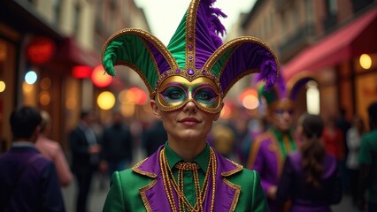 A person in a vibrant green and purple Mardi Gras costume, complete with a jester-style mask and headdress, smiles serenely amidst a blurred festive background. Concept of Mardi Gras celebration