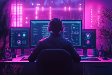 A man sits in front of a computer desk in a dimly lit room, surrounded by monitors displaying computer code and various data. He wears headphones and is focused on his work.