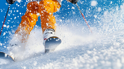 A skier carving through fresh powder snow on a clear winter day.