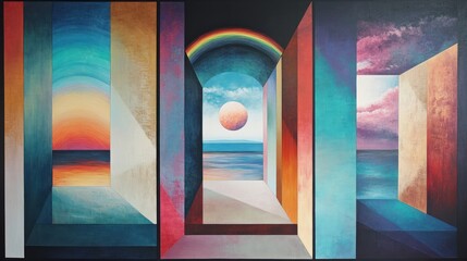 Wall Mural - Abstract artwork featuring vibrant doorways leading to serene landscapes.