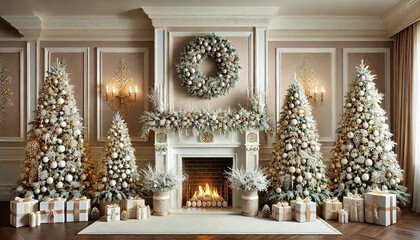 elegant christmas decor with frosted trees and festive fireplace mantel
