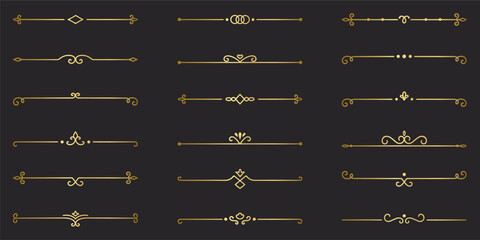 gold text dividers doodle set. wedding decorative elements. divider ornament, borders, vintage line 