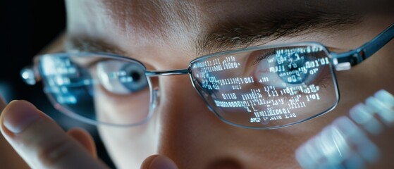 Wall Mural - closer view shows glasses reflecting lines of code, capturing intense focus of the individual wearin