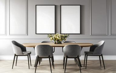 Cozy dining room with wooden table, gray chairs, and blank frames. elegant decor features floral centerpiece, creating warm and inviting atmosphere