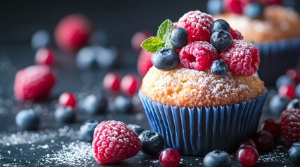 Wall Mural - Delicious cupcake with fresh berries and powdered sugar