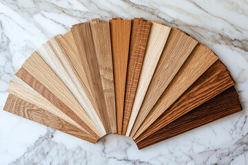 Premium oak wood samples arranged in fan pattern on marble surface.