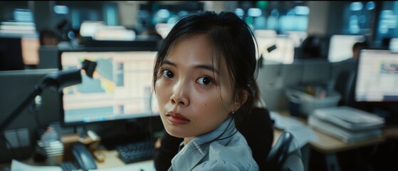 Wall Mural - in an office, a woman with focused intensity looks over her shoulder, surrounded by glowing screens 